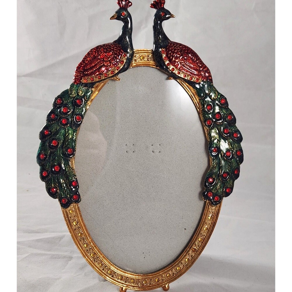 Vintage Jeweled Peacock Oval Picture Frame Cast Metal Enamel Rhinestone 4x6